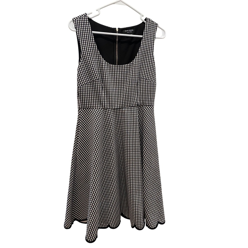 Kate Spade New York Black White Gingham Fit Flare Dress Scalloped Womens Small
